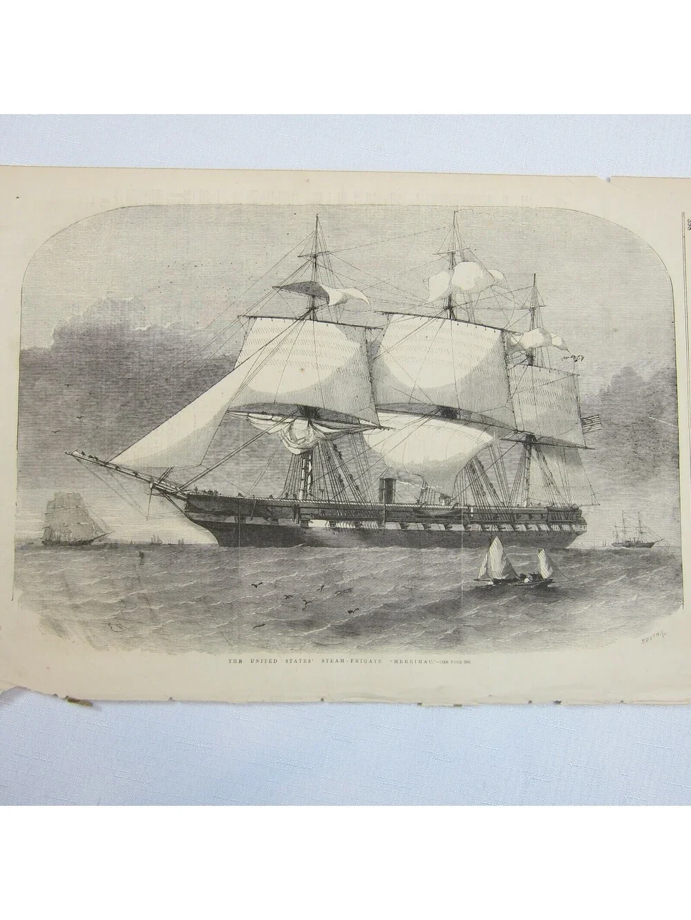 Antique 1856 Print The United States Steam Frigate Merrimack Naval Ship Seascape